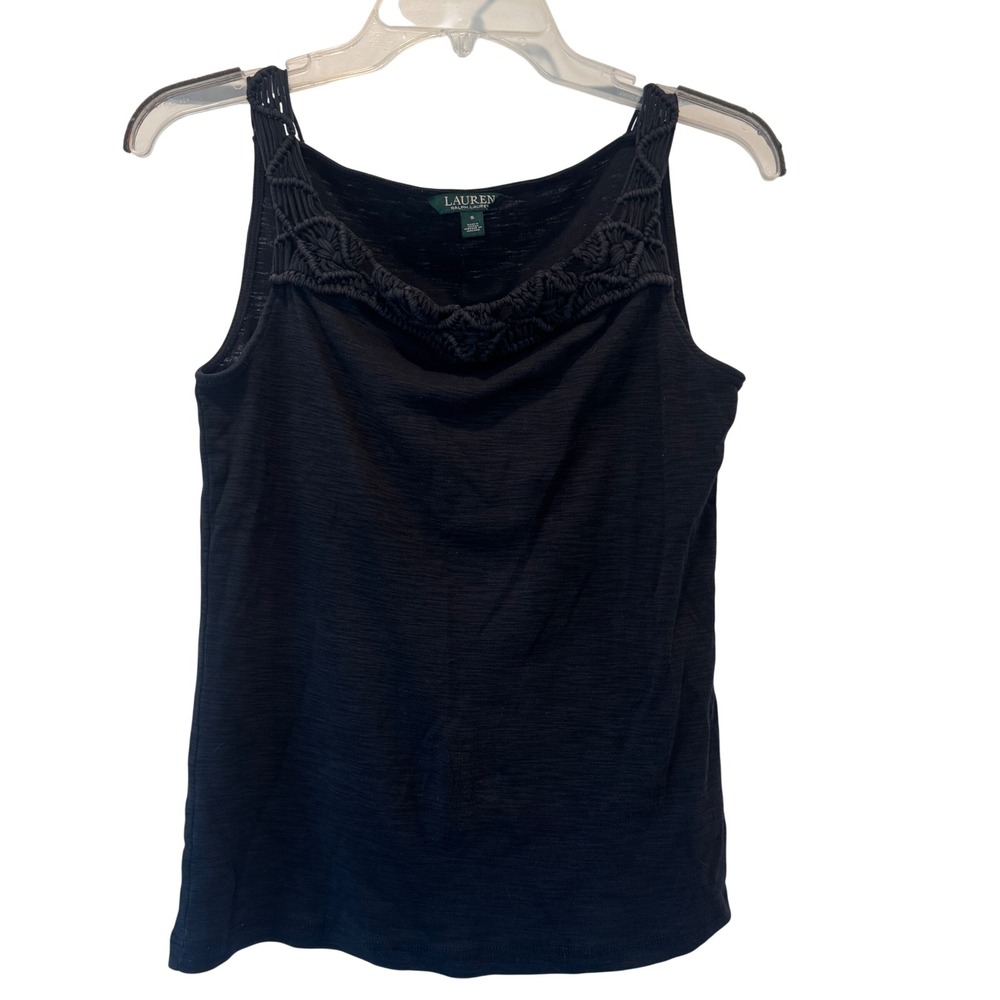 Lauren Ralph Lauren Tank Top Womens S Macrame Crochet Black Sleeveless Layering
